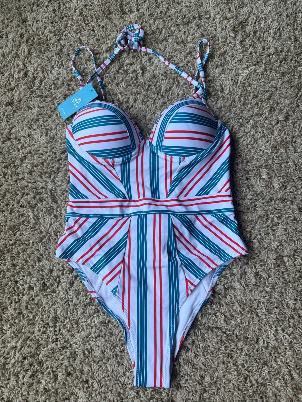 Cupshe Striped One-Piece Swimsuit - Teal, Red & White